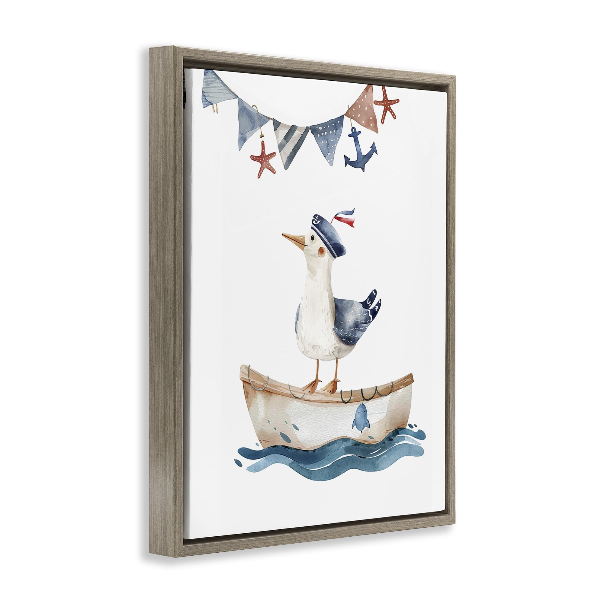 Stupell Industries Cute Sailor Seagull Animals Painting Brown Floater Framed Canvas Art Print Wall Art, 17 x 21