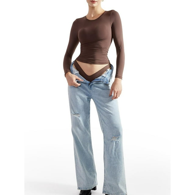 Gupgi Women Slim Crop Tops Solid Color Long Sleeve T-Shirts Casual Basic Tees