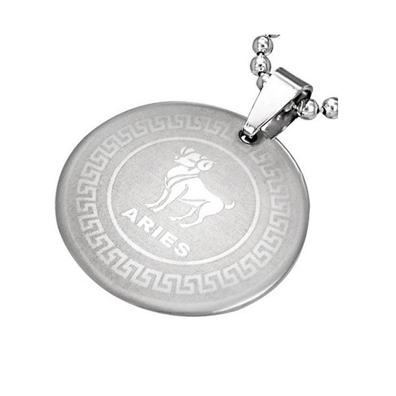 Stainless Steel Silver-Tone Greek Key Zodiac Sign Necklace Pendant - Aries, 24"