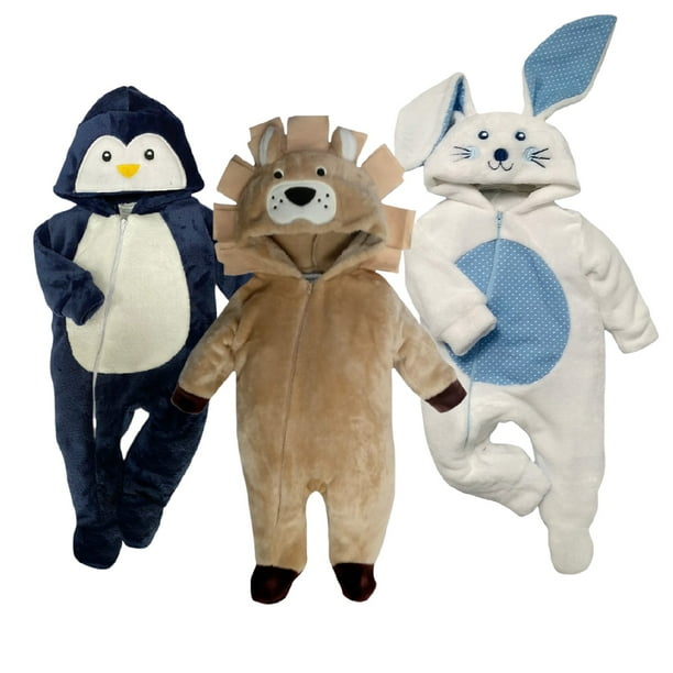 Kit Mamelucos con Gorro Bordado Kiss Pinguino Azul, Leon, Conejo