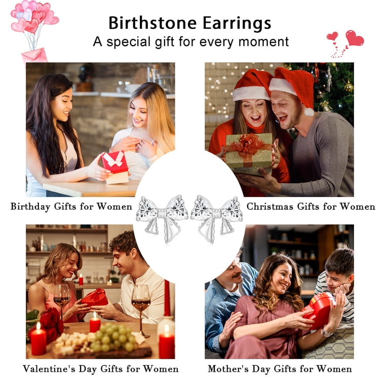 APSVO White Gold Plated Birthstone Bow Stud Earrings photo 7