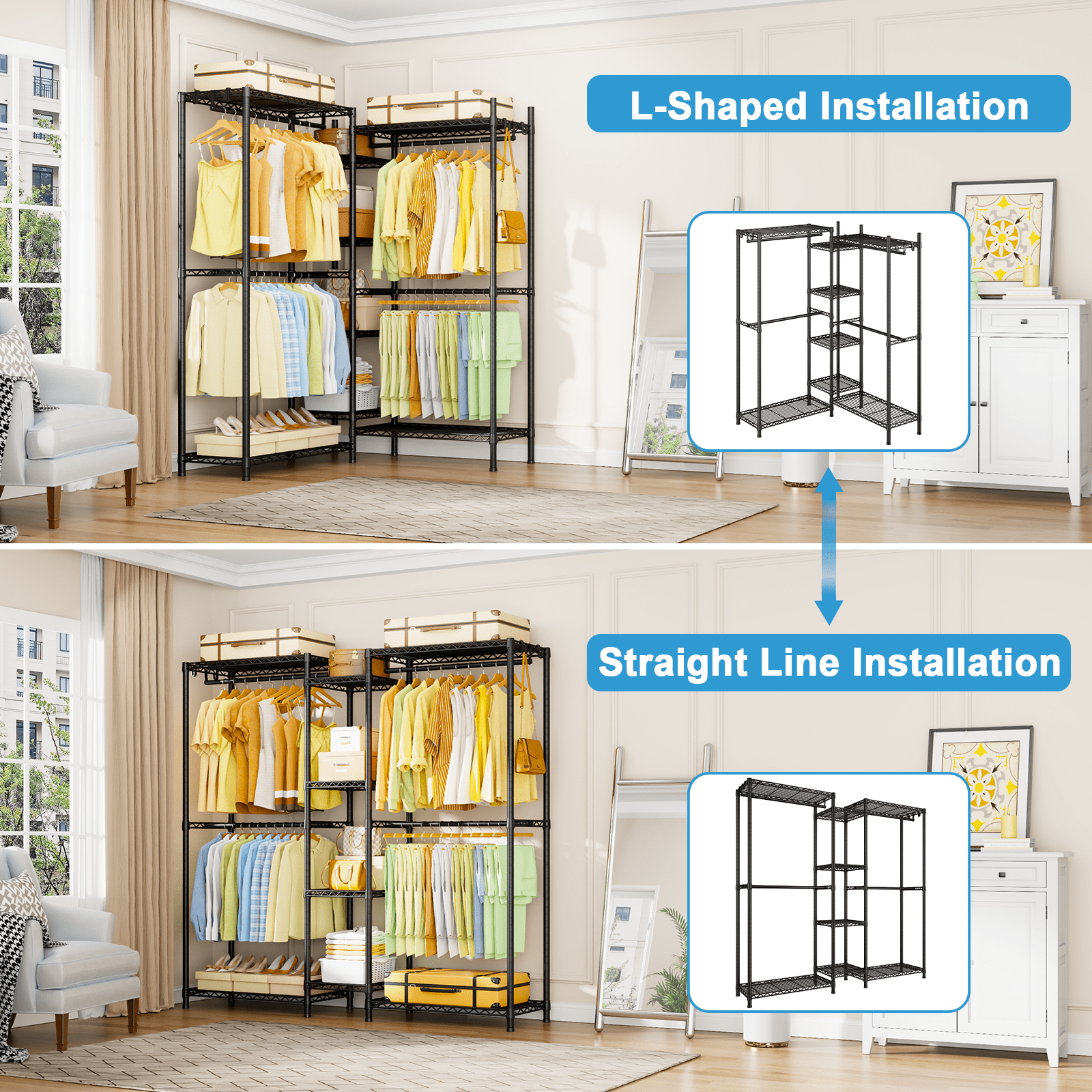 Ulif E4 Wire Garment Rack, Metal Freestanding Closet Organizer and Storage System, Heavy Duty Clothing Wardrobe with 8 Shelves and 4 Hanger Rods, Max Load 920 LBS, 70.9" W x 14.6" D x 79.3" H, Black