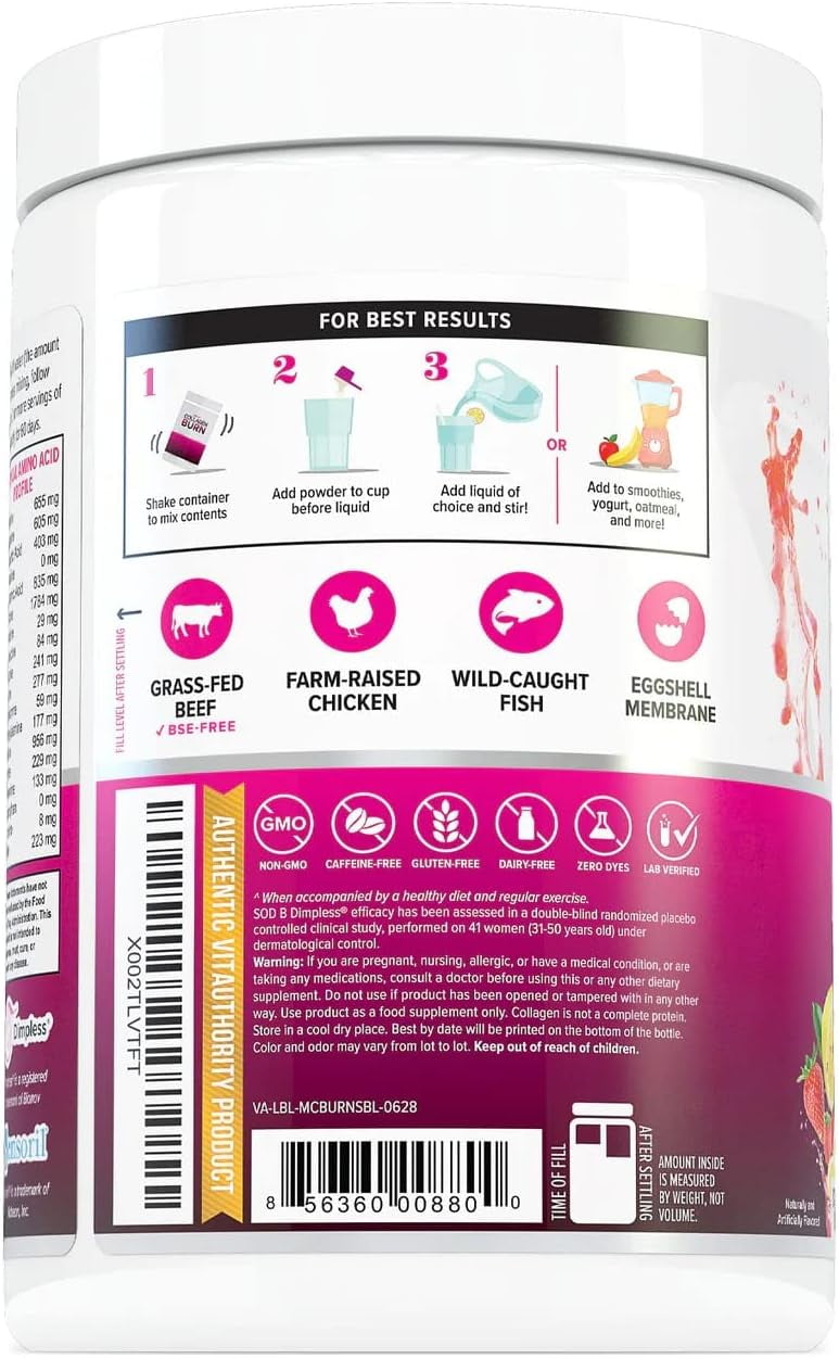 Vitauthority Multi Collagen Peptides Hydrolyzed Collagen Burn Powder, Strawberry Lemonade, 11.4 oz