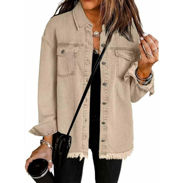 Chaquetas y abrigos de mezclilla sin capucha de manga larga para mujer, blusa lisa de moda, abrigo de manga larga con bolsillos, cárdigan, blusa de poliéster para mujer