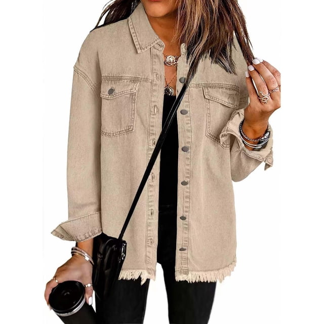 Chaquetas y abrigos de mezclilla sin capucha de manga larga para mujer, blusa lisa de moda, abrigo de manga larga con bolsillos, cárdigan, blusa de poliéster para mujer