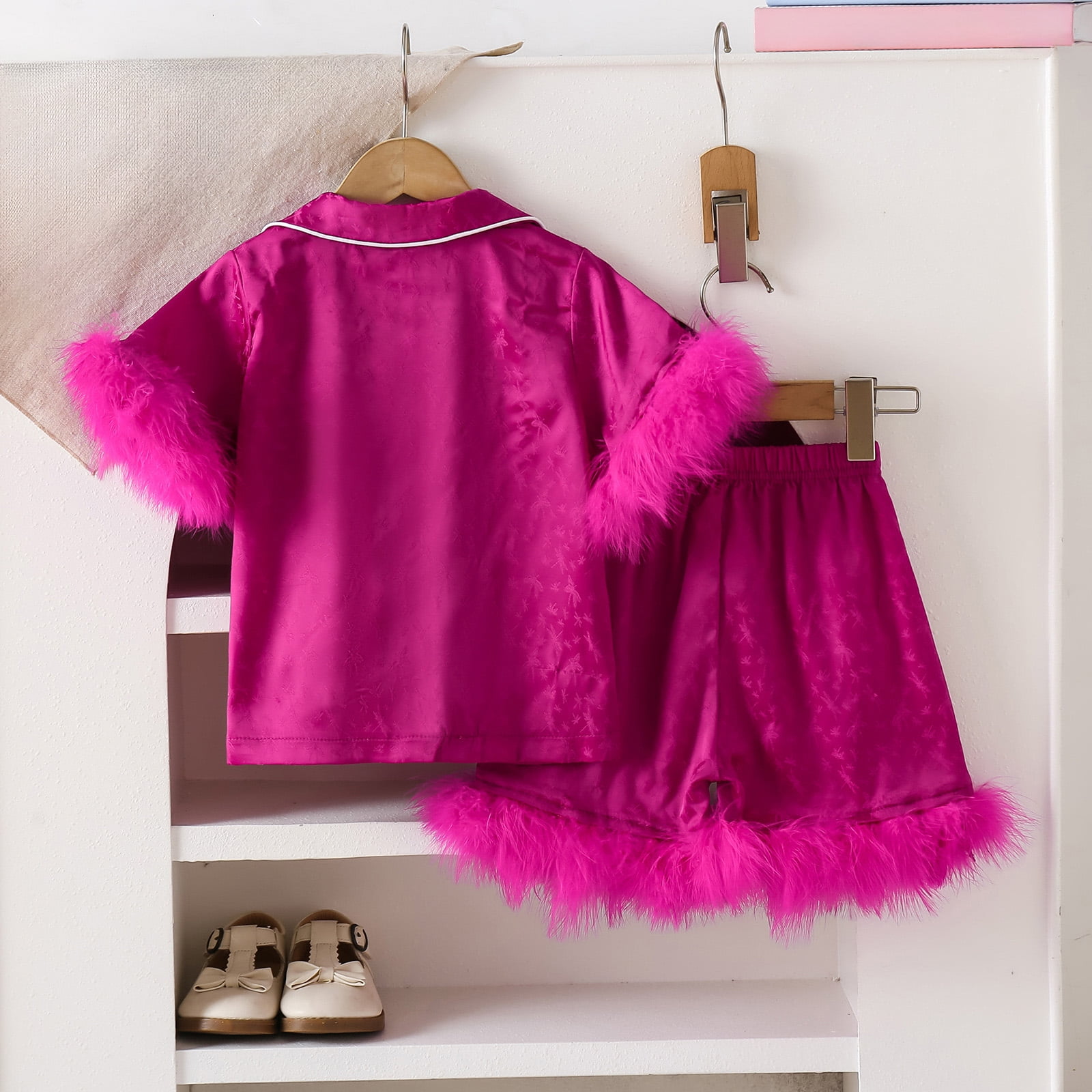 Pandaie Baby Girl Pajama Set Button Down Feather Trims Short Sleeve Shirt Shorts Satin Sleepwear Outfit Kids Nightwear Loungewear Clothes 1-10 Years Hot Pink