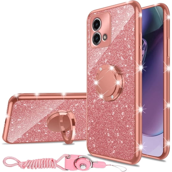 nancheng Kickstand Glitter Cell Phone Case with Lanyard Strap for Motorola Moto G Stylus, Rose Gold