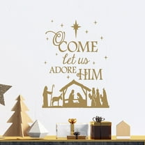 Nativity O Come Let Us Adore Him With Wise Men, Shephard, Manger and Baby Jesus Wall Saying Vinyl Lettering Decal Sticker Christmas Decals - Size: 15.5"H x 12.5"L - Color: Metallic Gold