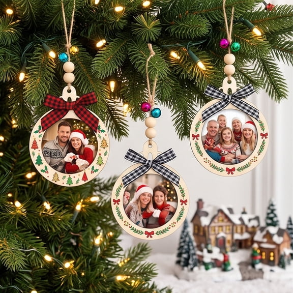 Homellea 6 Pack DIY Wooden Christmas Photo Frame Ornament Kit with Markers, Bows, Bells, Beads and Twine, Unfinished Picture Frames for Xmas Tree Hanging Craft Decor, 3.54 x 2.76 Inch