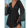 thumbnail image 6 of Oksale Womens Sparkly Sequin Dresses Asymmetrical Hem Mini Dress Long Flare Sleeve Dresses Sexy Deep V Neck Party Dress 2025 Black L, 6 of 7