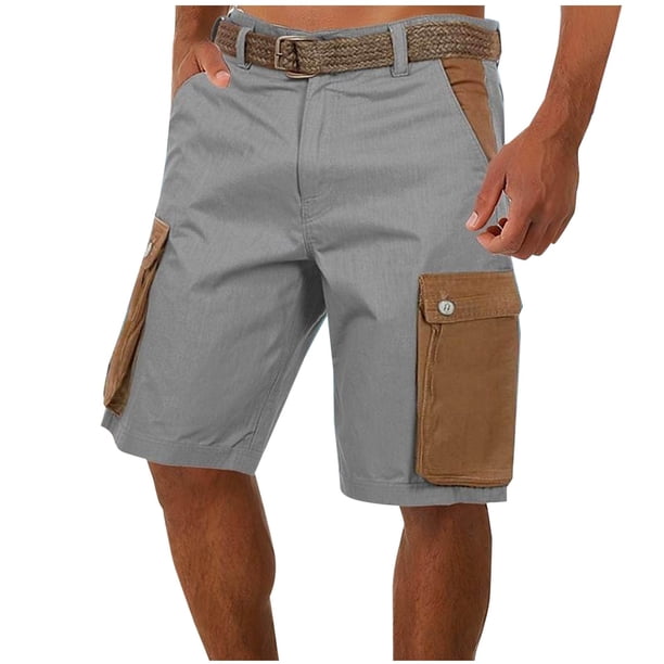 Mens Casual Pantalones Cortos Color Sólido Algodón-Lino Botón Multi-Bolsillo Grande Bolsillo Ropa de Trabajo Medio Pantalones Cortos, Pantalones Casuales de Poliéster