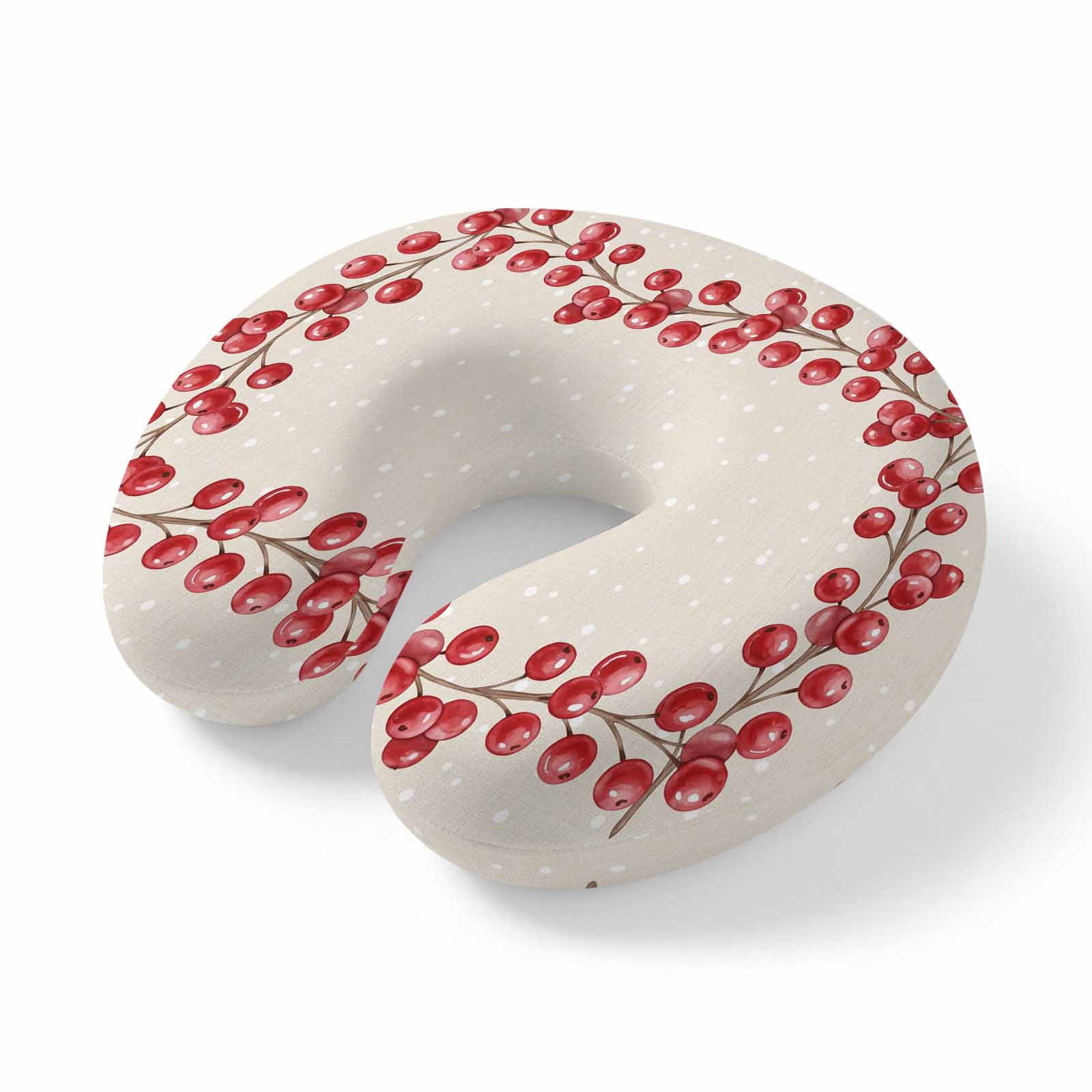 Neck Pillow Christmas Holly Berry Travel Pillow Memory Foam U Shaped Pillows Rustic Red Berries on Burlap Travel Neck Pillows for Airplane Car Office Home Sleeping Rest