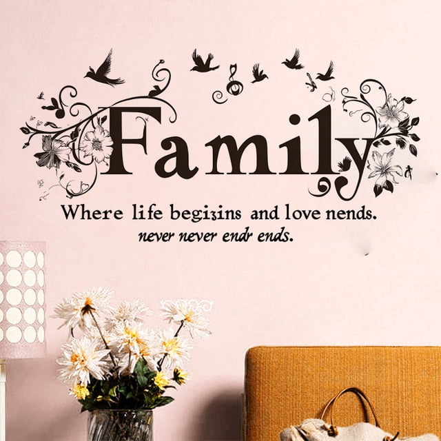 Adhesivo de pared con frase familiar inspiradora de flores y pájaros
