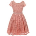 thumbnail image 1 of Little Girls Short Sleeve Lace Glitter Skater Pearl Belt Special Occasion Flower Girl Dress Rose 2 (J21KS02), 1 of 3