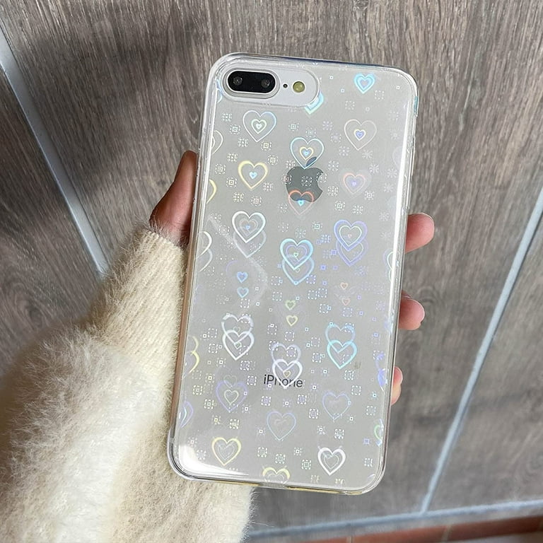 Compatible with iPhone 7 Plus Case, iPhone 8 Plus Case, Clear Laser Glitter  Bling Heart Soft & Flexible TPU and Hard PC Shockproof Cover Women Girls  Heart Pattern Phone Case (Rainbow Heart) 