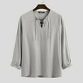 thumbnail image 4 of Camisa De Lino De Algodón para Hombres Otoño Moda Casual Suelta Cordón Hombres Manga Larga Color Puro Camiseta para Playa Yoga Gris M, 4 of 7