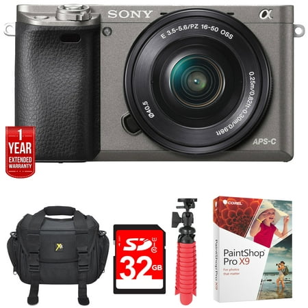 Sony Alpha a6000 24.3MP Grey Interchangeable Lens Camera + 16-50mm Lens(ILCE6000L/H) w/32GB Bundle Includes, Carrying Case , 12вЂќ Spider Tripod, 32GB Card, Paint Shop Pro X9 & 1 Year Extended Warran