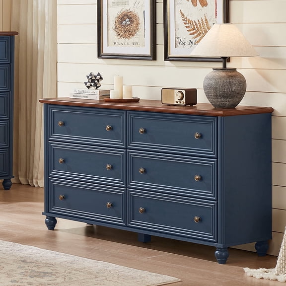 LELELINKY Rustic Modern Chest of 6 Drawers, 54" Extra Wide Double Dresser for Master Bedroom, Nursery Dresser Organizer Closet for Living Room