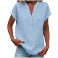 thumbnail image 2 of ClodeEU Women's Linen Blend V Neck Short Sleeve Top ,Loose Fit Casual Button Blouse Sky Blue,Womens Plus L, 2 of 6