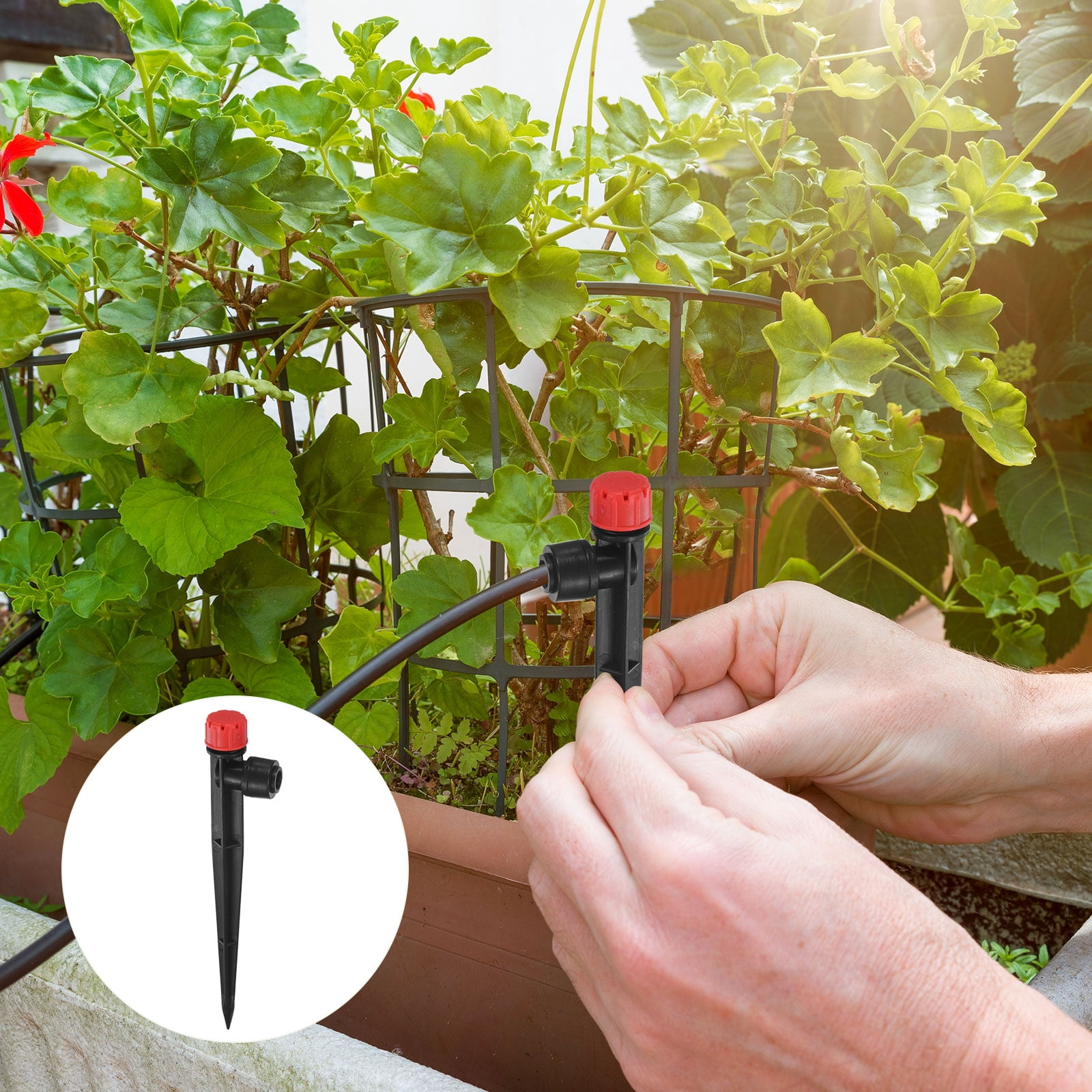 Uxcell 50-Pack Drip Irrigation Emitters, Adjustable 360 Degree Water Flow 8 Holes for 1/4" Tubing [Red, Drip]