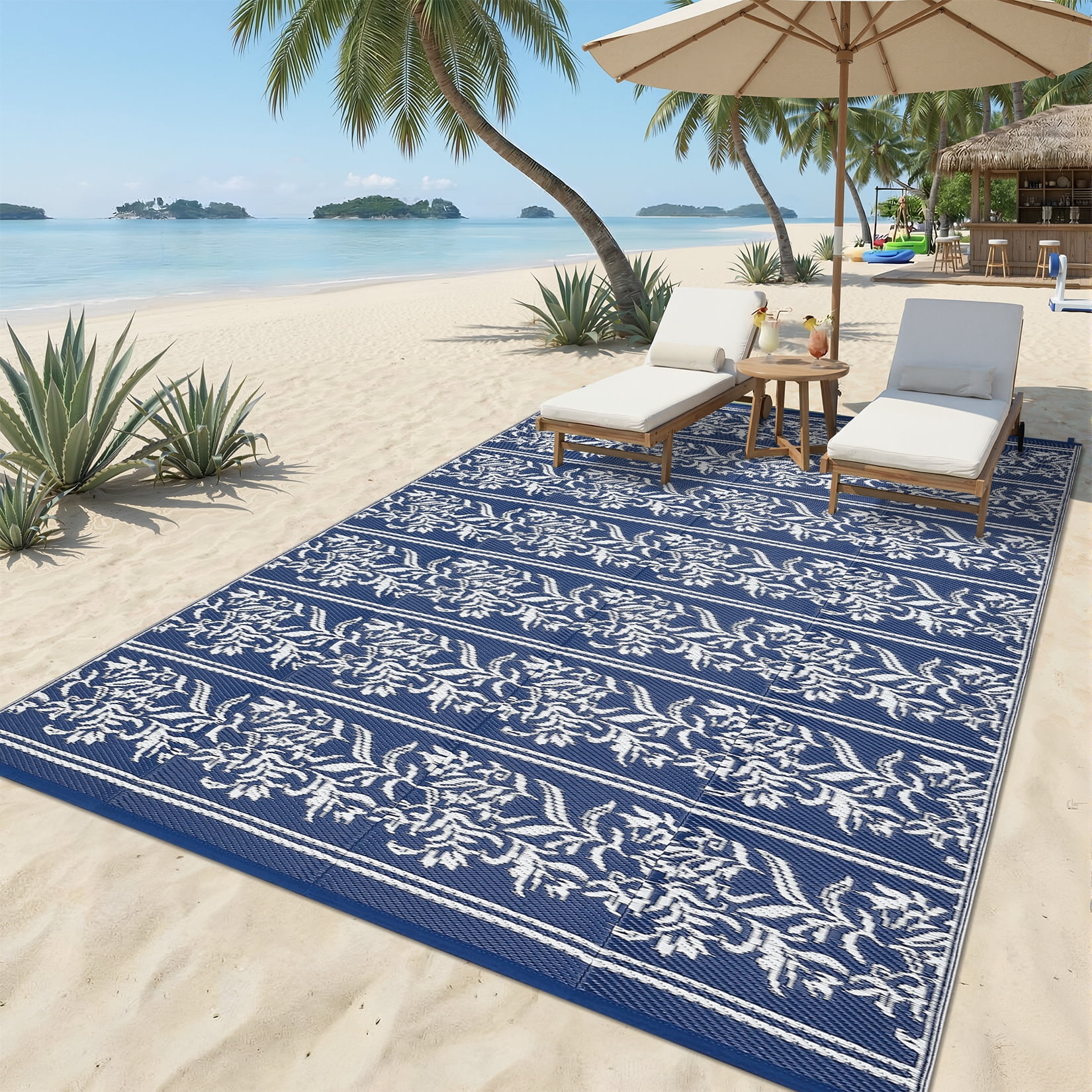 Garvee 8'x10' outdoor Rug Waterproof Print Camping Carpet, Reversible Plastic Straw Rug Indoor Outdoor Rug for Patio RV Balcony Deck Backyard, Dark Blue