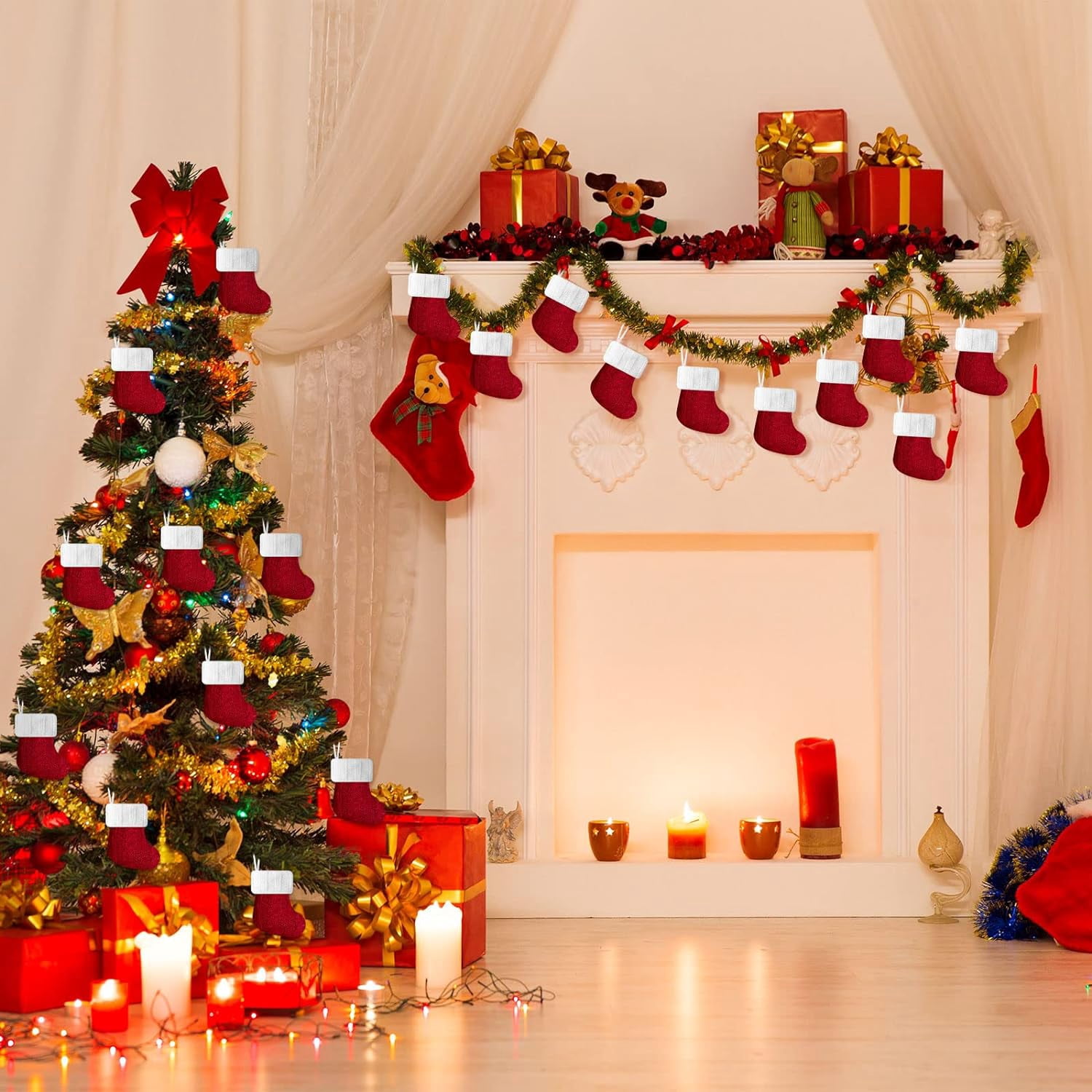 24PCS Christmas Mini Stockings Red Cable Knit Xmas Rustic Stocking Mini Stockings Christmas Bulk Little Holiday Hanging Decorations Christmas Tree Ornaments for Fireplace Mantel Tree Party Decor