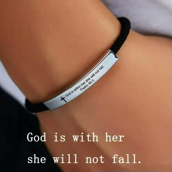 EOEMY Stainless Steel Cross Rope Engraved Inspiring Letter Bracelet Adjustable Jewelry-God Is With Her She Will Not Fail