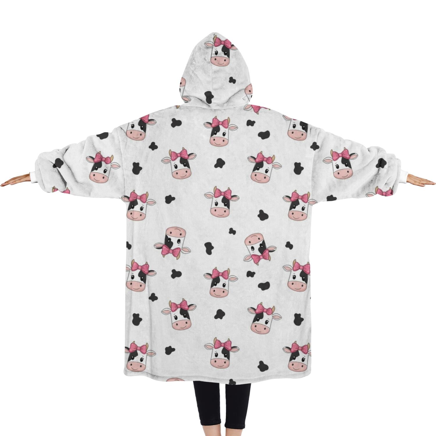 Oversized Wearable Blanket Hoodie,White Cow Black Spot Bow Pattern Sherpa Blanket Hoodie with Super Pockets,Super Warm Fuzzy Pullover for Women & Men