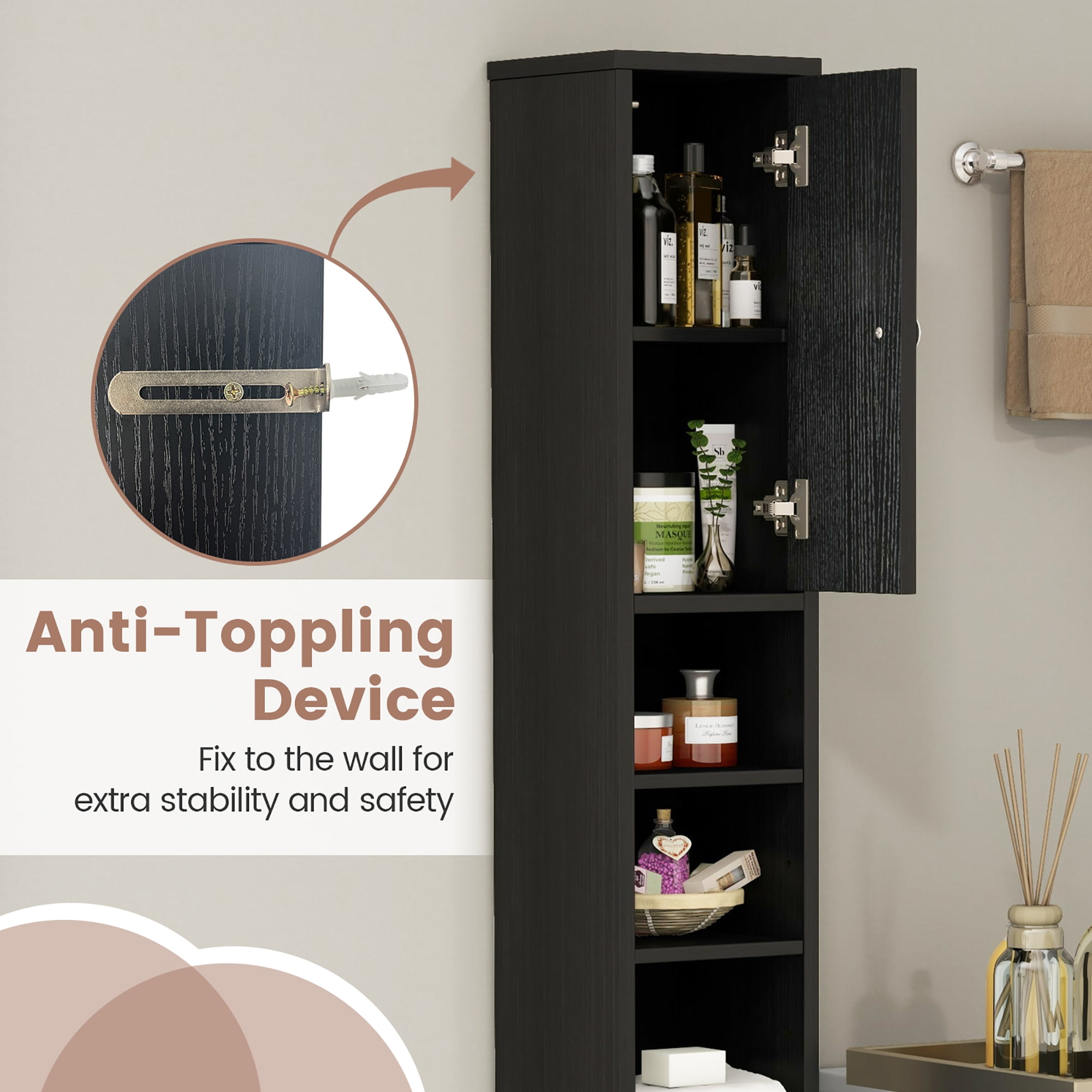 Gymax Tall Slim Bathroom Storage Cabinet Linen Tower w/Drawer Adjustable Shelves Black