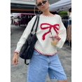thumbnail image 2 of Tricot Imprimé Nœud Papillon Automne pour Femmes Col Rond Manches Longues Contraste Couleur Chandail Mode 2024, 2 of 6