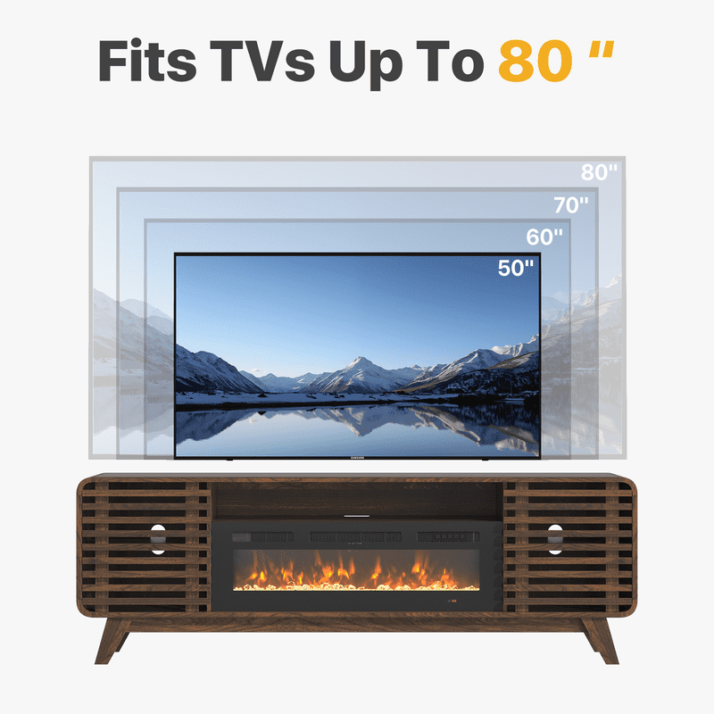 BaPiPro Mid‑Century Modern Fireplace TV Stand with 36 Inch Electric Fireplace 12‑Color RGB LED Lights Fits TVs up to 80 Inch Wood Media Console with Slatted Sliding Doors for Living Room Brown