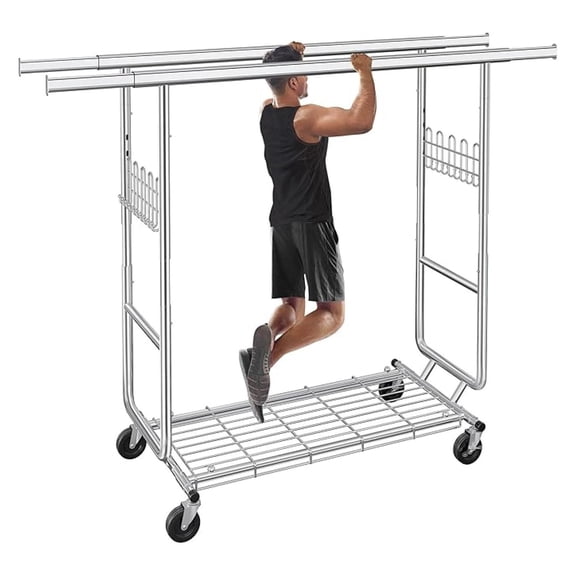 BNHHYYDS Heavy Duty Clothes Rack 620 Lbs Capacity, Double Rod Rolling Rack, Adjustable Stainless Steel Clothes Organizer with Shelves, Portable Garment Rack for Bedroom Closet