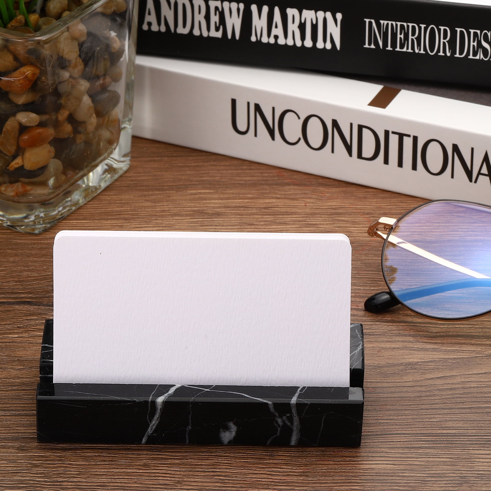 Unique Bargains Business Card Holder Marble Stone Organizer for Cards Display Black