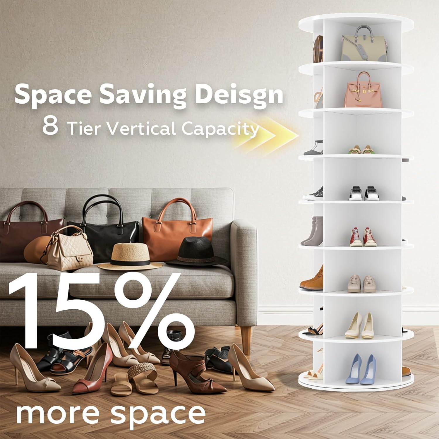 YODOLLA 8 Tier Rotating Shoe Rack, 360° Spinning Shoe Display Lazy Susan in White (23.6’’×23.6’’×71.6’’)