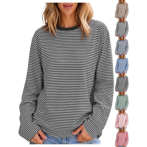 Tendy Crewneck Loose Fit Striped T-Shirts for Women Long Sleeve Pullover Oversized Casual Basic Everyday T-Shirts
