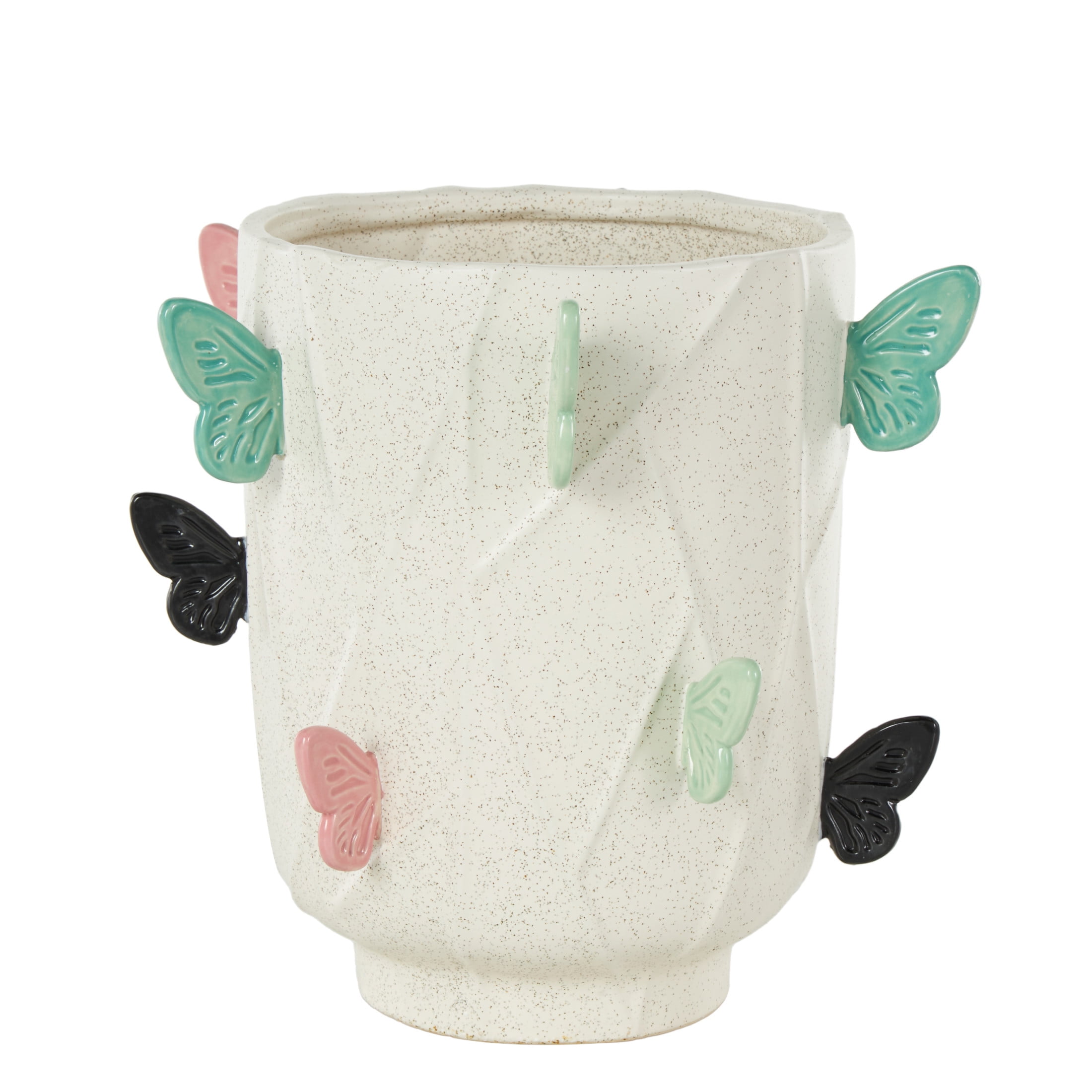 DecMode 11" Butterfly Wide White Ceramic Vase with Multicolor Accents