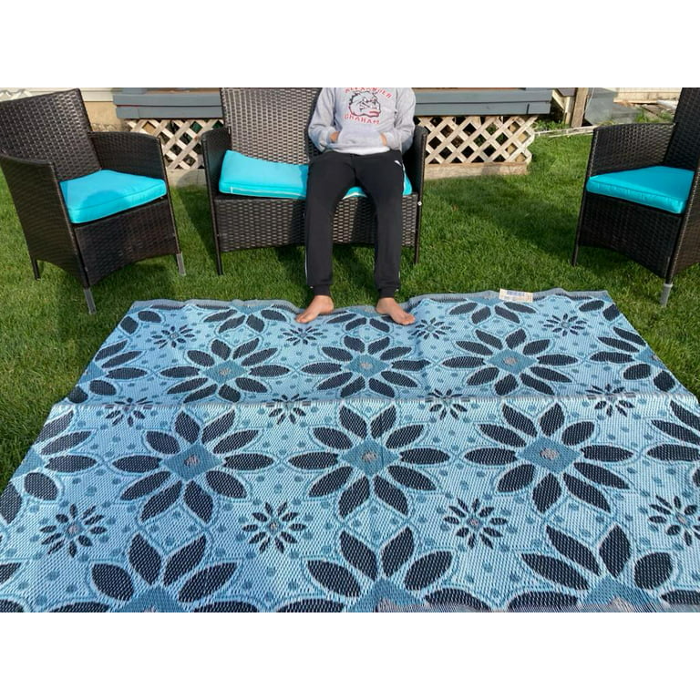 Round Outdoor Area Rug Reversible Patio Rug Plastic Straw Beach Camping 5X5  Ft