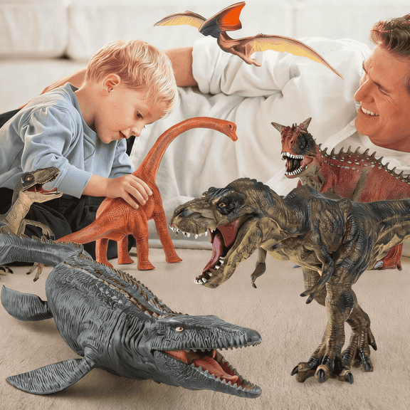 6Pcs Large Sturdy Dinosaur toys for boys Girls KidsToddlers 3-10 years, Realistic Durable Jumbo Dino Action Figure Set with Movable Jaw 16 inch Mosasaur T-Rex, Birthday Gifts