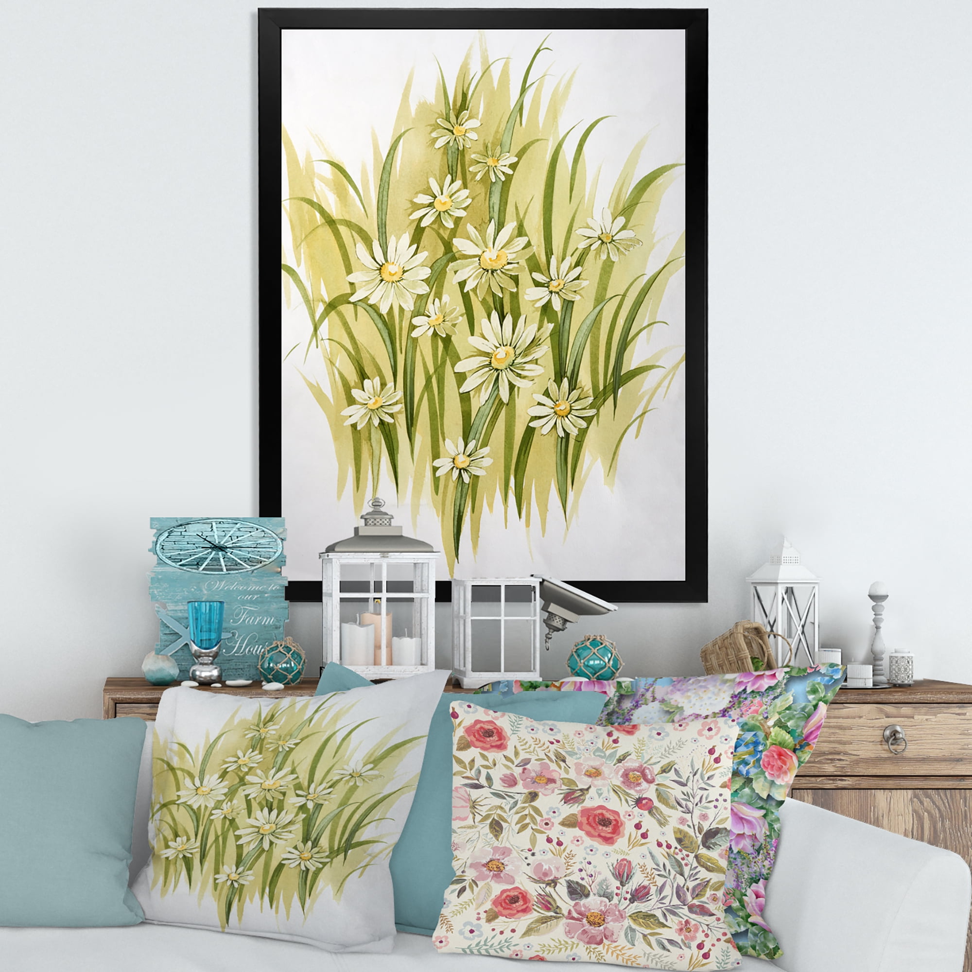 Designart 'Abstract White Meadow Flowers' Traditional Framed Art Print