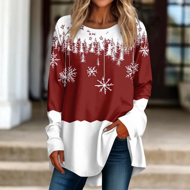 MHFRRA Camiseta de Manga Larga con Estampado Festivo, Suave y Acogedora, Ideal para Fiestas de Temporada y Reuniones Familiares. Rojo Ladrillo