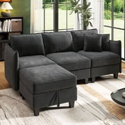 BedLuxury 84” Modular Sectional Sofa with Moveable Storage Ottoman, Cloud Couch Seats 4, Modern Living Room Furniture, Chenille Black