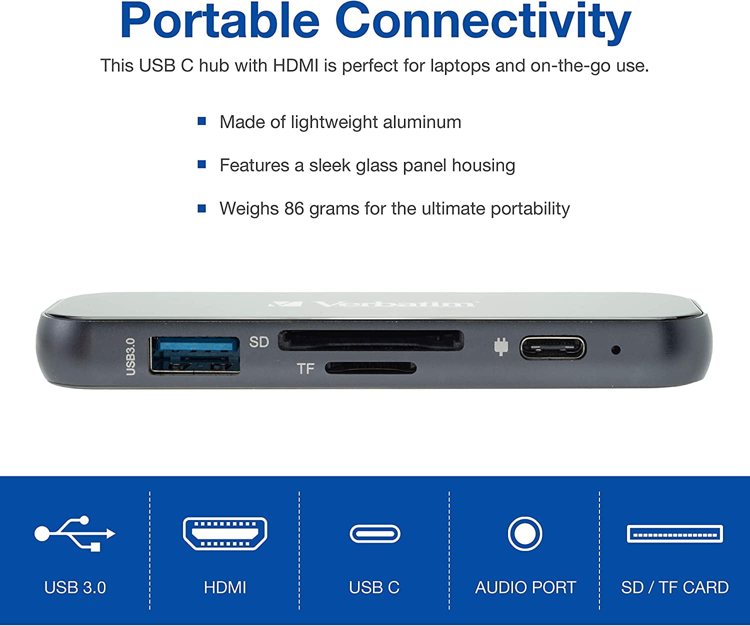 Verbatim 6-in-1 USB-C Hub Adapter with 100W Power Delivery, USB 3.0, SD Card Reader, Audio Port