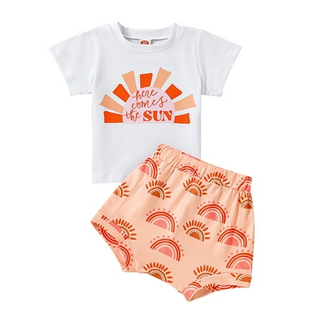 

Nokpsedcb 2Pcs Toddler Baby Girls Summer Shorts Suit Sun Letters Print Short Sleeve Tops Elastic Waist Shorts White 12-18 Months