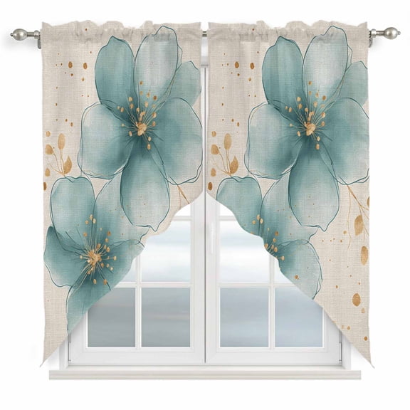 Swag Valance Curtains for Windows, Teal Elegant Spring Floral Light Filtering Kitchen Curtains with Rod Pocket, Pastoral Flowers Rustic Window Treatment Valances for Living Room, 36x36 - 2 PCS