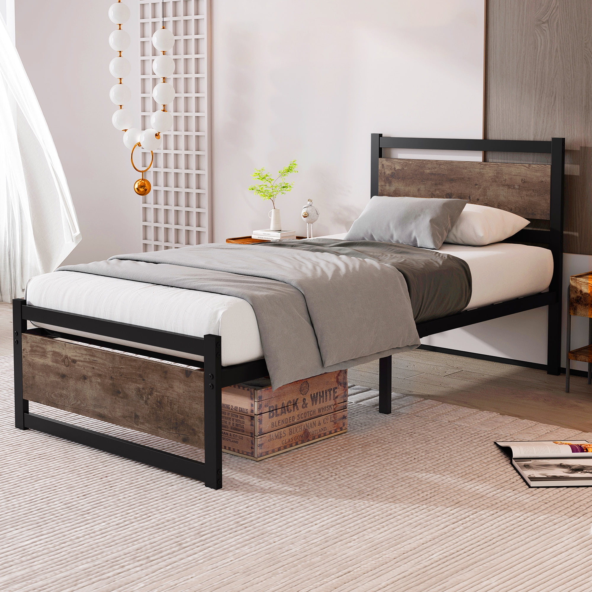 Bed Frame with Wooden Headboard,Heavy Duty Platform Bed Frame,Mattress