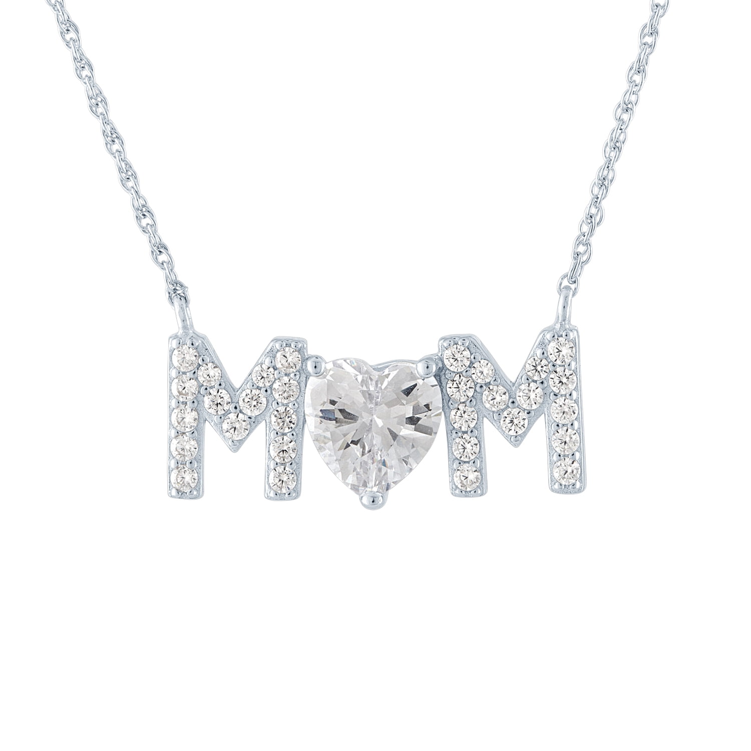 14k White Gold Bend MOM Necklace with Diamonds 