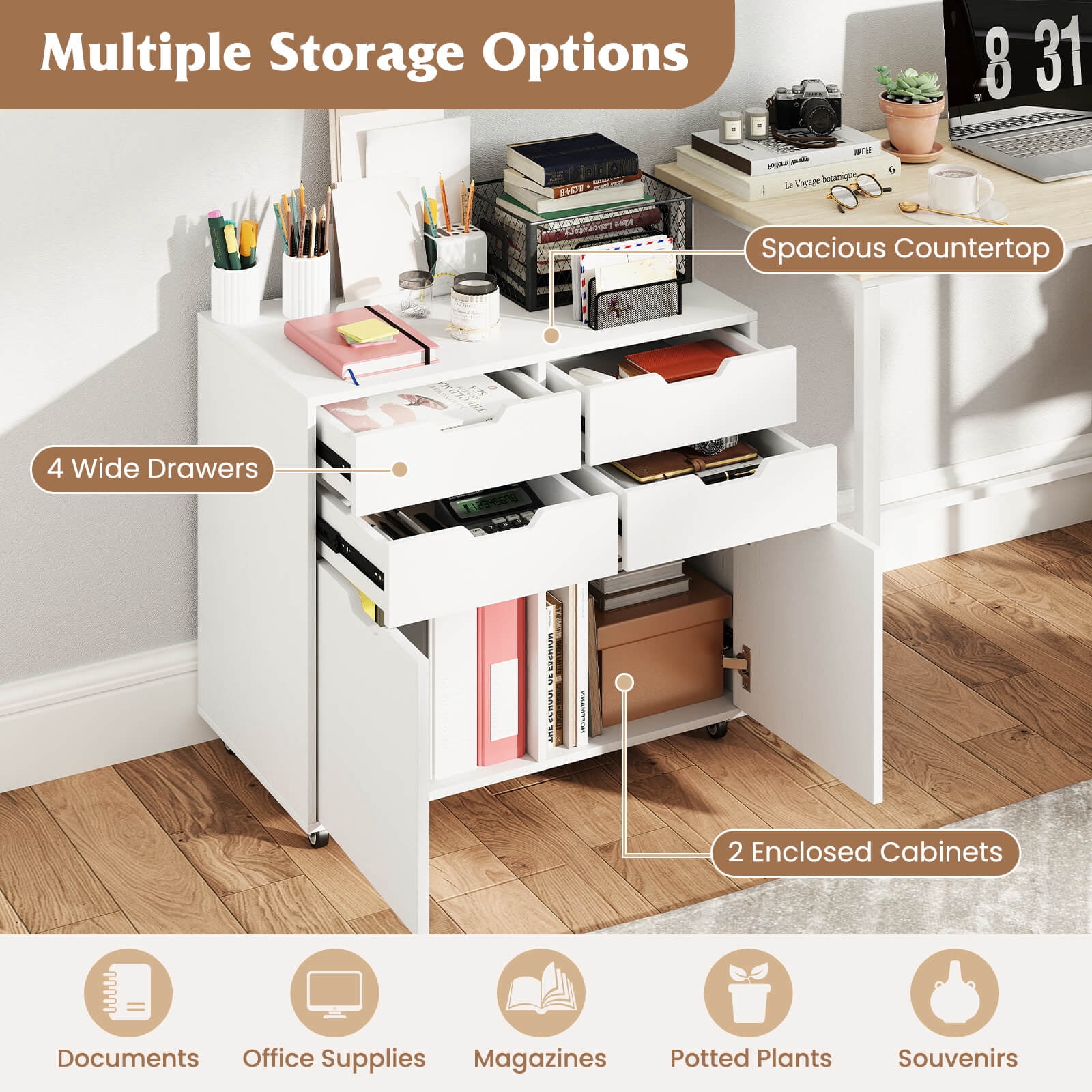 Costway 4 Drawer File Cabinet Rolling Printer Stand with Wheels Wooden Chest of Drawers