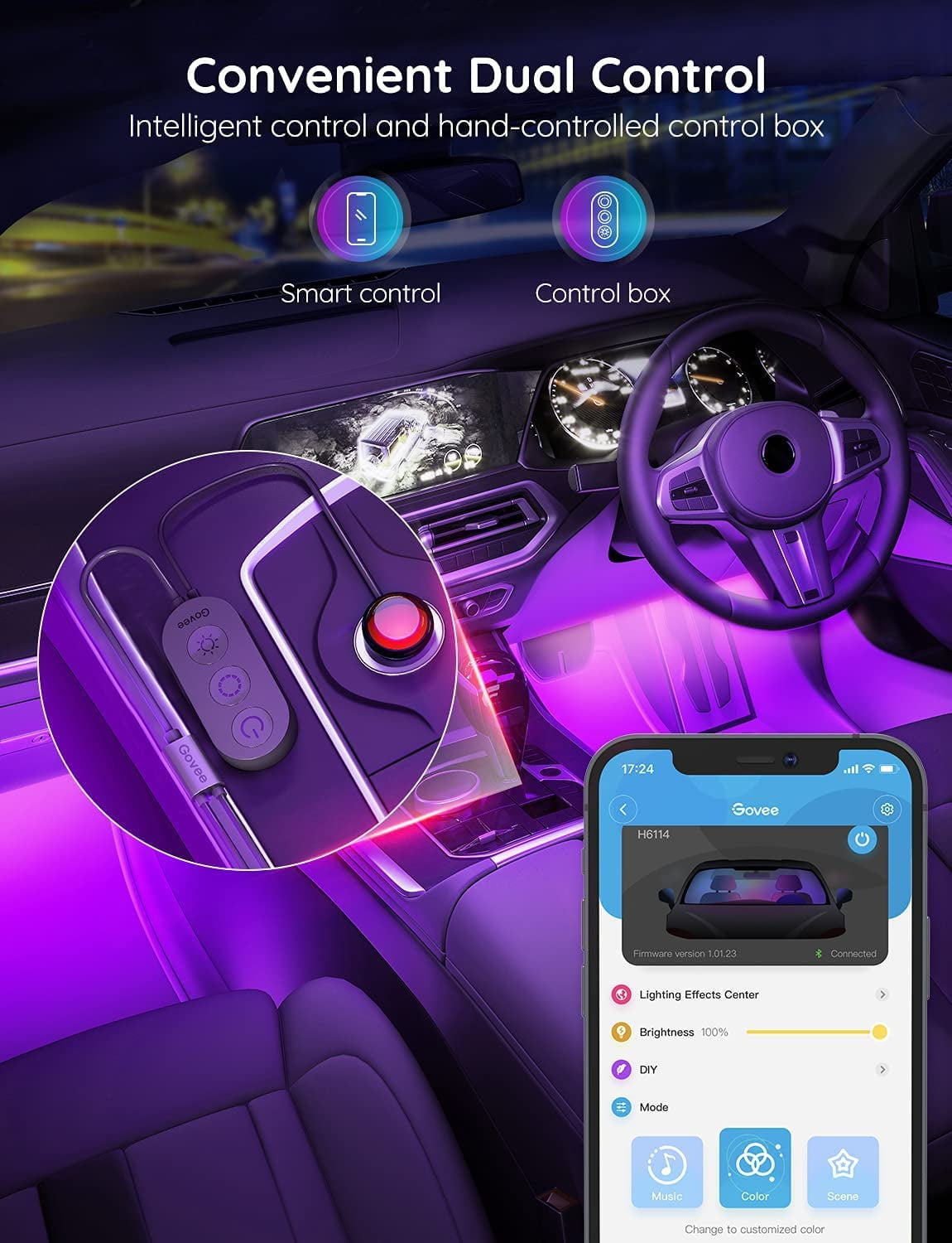 LED Car Lights with App Control Smart Interior Car Lights with DIY Mode and Music Mode RGB Car Lights with 2 Lines Design Under Dash Interior