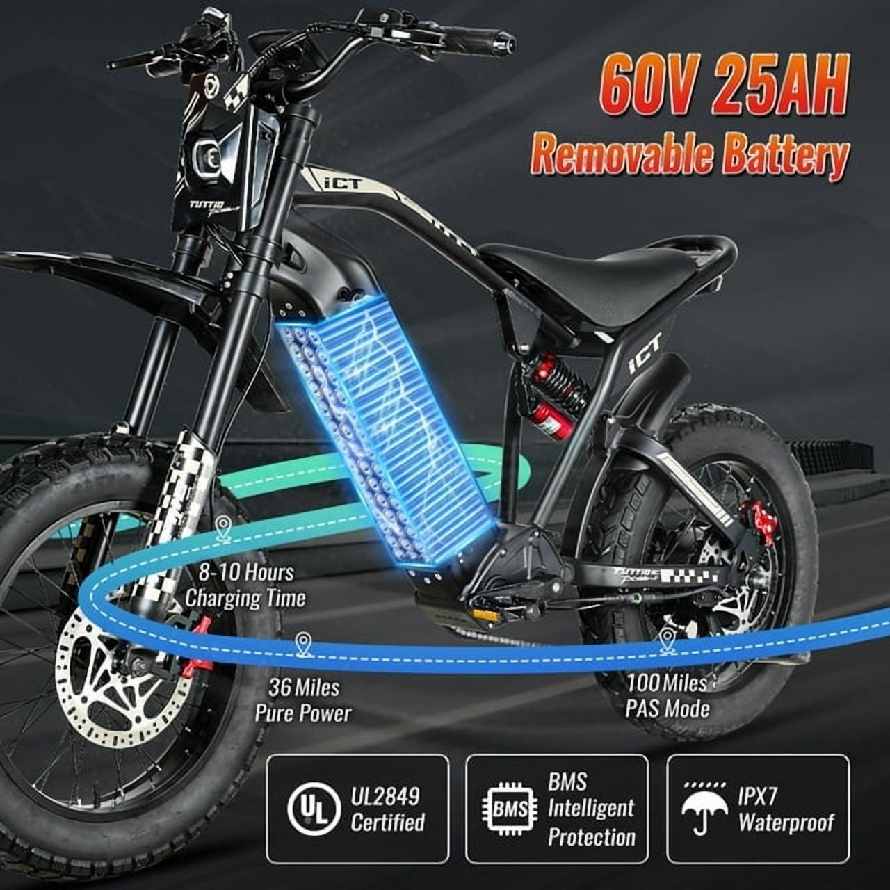 TUTTIO ICT Electric Dirt Bike for Adults Teen, 4000W Full Suspension Motorcycle, 60V 25AH, Max 49 MPH, 7-Speed Ebike