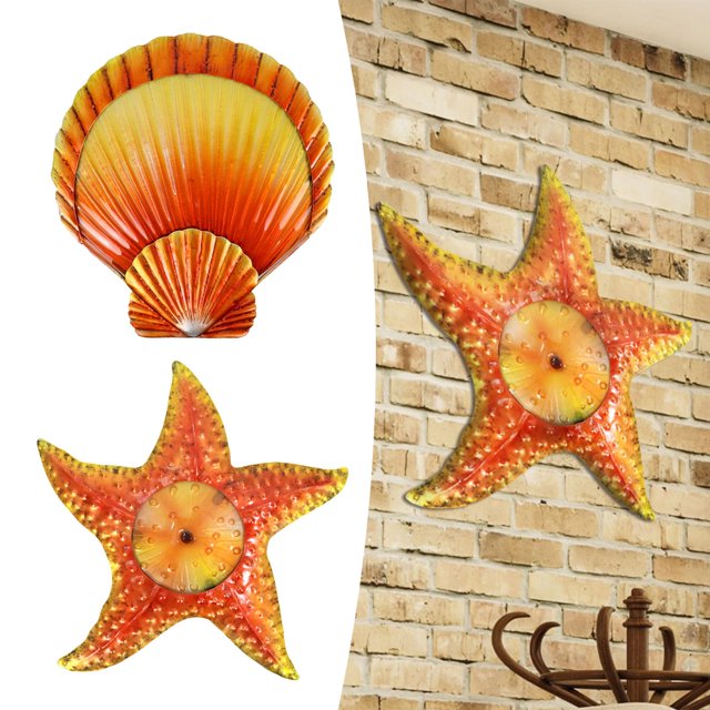 2 piezas de concha de Metal estrella decoración de pared arte colgante escultura de playa para sala de cocina jardín decoración orna perfecl Obra de arte para colgar en la pared